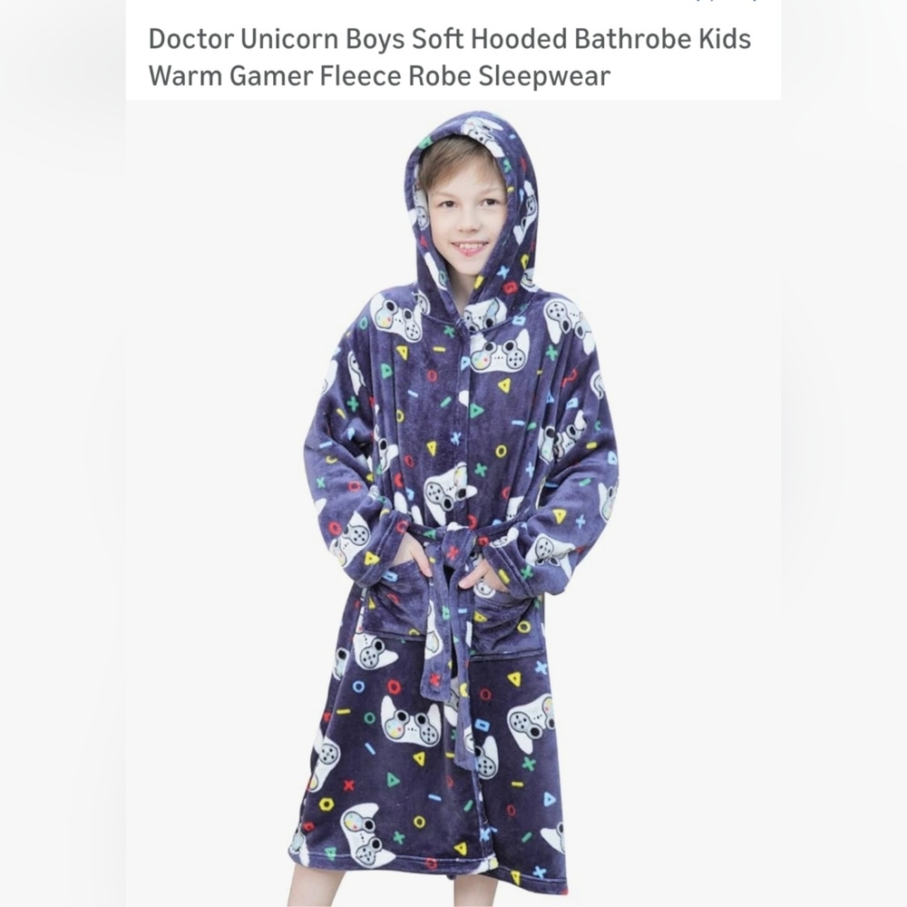 Boys Hooded Fleece Robe – Navy with Colorful Game Icons